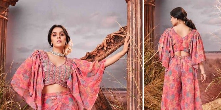 lovely indo western stylish ping with beautiful choli and sleeves